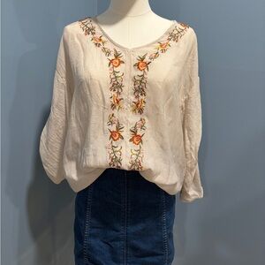 Zac & Rachel Embroidered Peasant Blouse Small Boho Floral Tie Neck